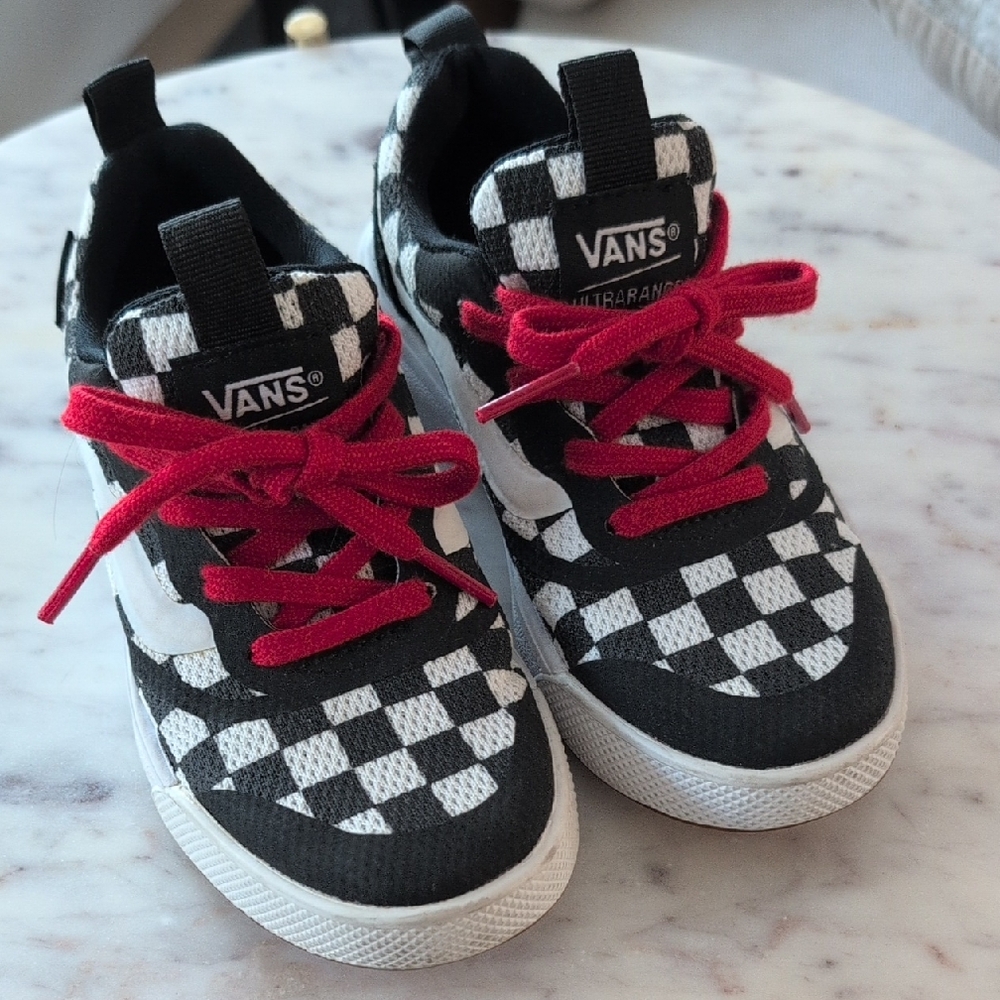 Vans Kids Black and White Checkered Sneakers with Red Laces